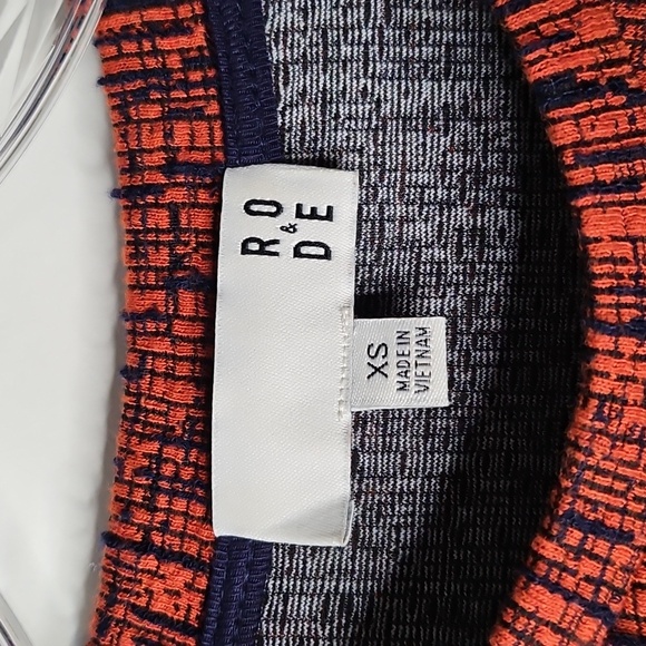 Anthropologie Ro&De Perette Frill Blouse Size XS Rust Navy Blue Textured Peplum - Picture 7 of 12